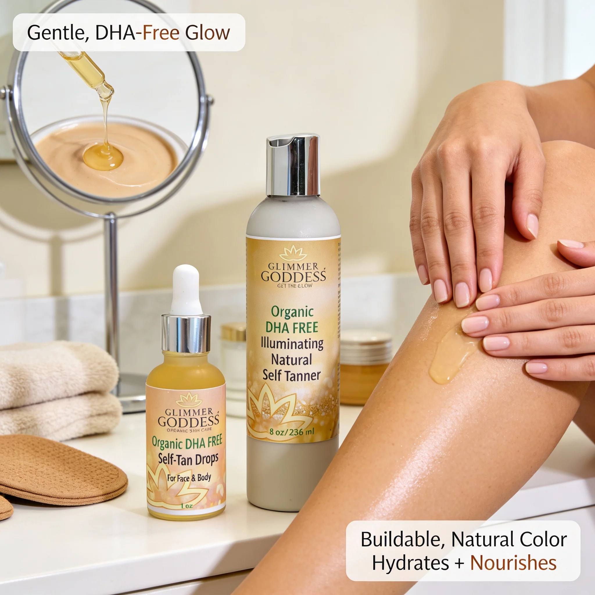 DHA-Free Self Tanner Bundle – Lotion + Drops for Natural Glow Without Smell or Orange Tones - Image 5